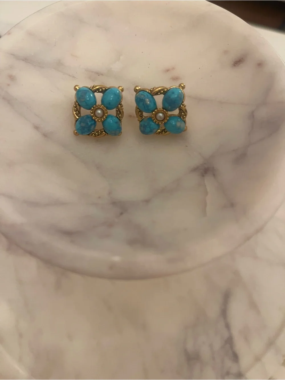 Gold-Tone Turquoise Flower Stud Earrings - Blue